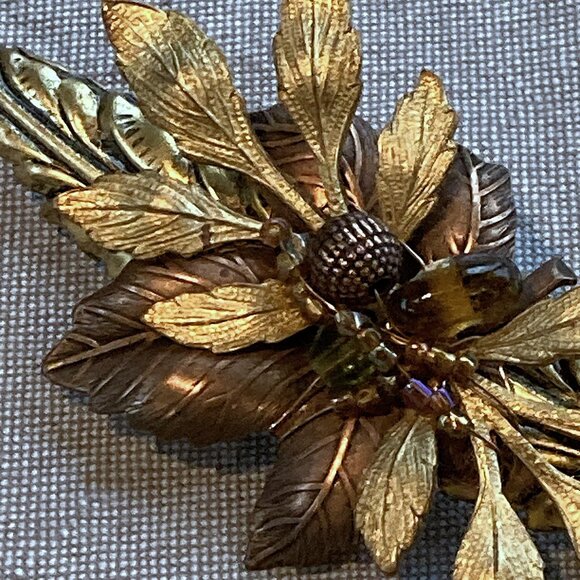 Stunning Cara Stimmel Ltd, Leaf Brooch, Autumnal, Mixed Metals w/ Beads, Vintage - Picture 8 of 11